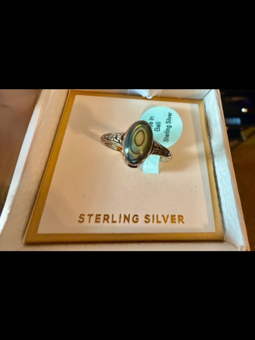Sterling Silver Oval Abalone Ring in Green Tones